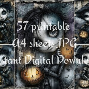 Dark gothic Halloween doll art preview with stitched boy characters, glowing jack o lantern pumpkins, spooky collars, and moody scrapbook backgrounds.