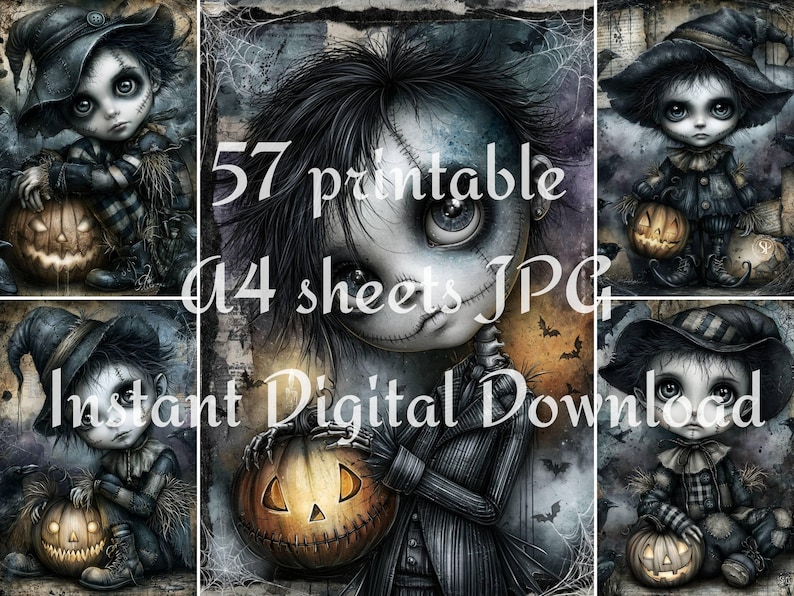 Dark gothic Halloween doll art preview with stitched boy characters, glowing jack o lantern pumpkins, spooky collars, and moody scrapbook backgrounds.