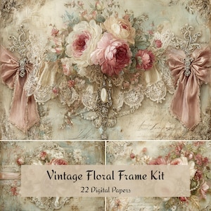 May include: Vintage floral frame kit with 22 digital papers. The image features a soft, pastel color palette with pink roses, lace, and ornate embellishments. Two pink bows and decorative silver elements add to the vintage aesthetic.