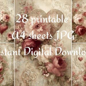 May include: Digital download featuring a collage of vintage-style floral designs with roses and hearts. The image includes text that reads "28 printable A4 sheets JPG Instant Digital Download."