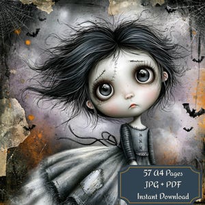 Creepy cute gothic Halloween doll printable page featuring a stitched rag doll girl with big eyes, messy black hair, patched gray dress, bats, spiderwebs, grunge background, and 57 A4 JPG PDF instant download sheets for junk journals and scrapbooking.