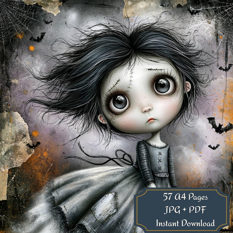 Creepy cute gothic Halloween doll printable page featuring a stitched rag doll girl with big eyes, messy black hair, patched gray dress, bats, spiderwebs, grunge background, and 57 A4 JPG PDF instant download sheets for junk journals and scrapbooking.