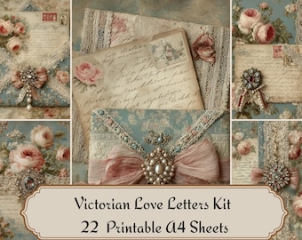 May include: A collage of vintage-style stationery, including envelopes, letters, and floral accents. The envelopes are adorned with lace, ribbons, and brooches. The text "Victorian Love Letters Kit" and "22 Printable A4 Sheets" is displayed.