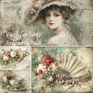 Op de afbeelding: Afbeelding van een Victorian Lady Ephemera Pack, met een portret van een vrouw met een hoed en bloemstukken met een kopje thee, een schaar en een waaier. De afbeelding bevat de tekst "Victorian Lady Ephemera Pack", "18 JPG Sheets", "A4" en "300 DPI".