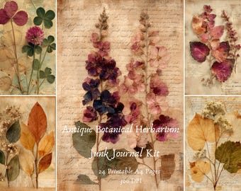 Antique Botanical Herbarium – 24 Page Junk Journal Kit, Printable A4 Pressed Flowers Paper Pack, Vintage Nature Fine Art Ephemera Set