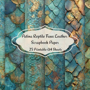 Può includere: Carta per scrapbook con una texture in similpelle, con un design di rettile patinato nei toni del verde acqua, oro e marrone. L'immagine include il testo "Patina Reptile Faux Leather Scrapbook Paper" e "25 Printable A4 Sheets".