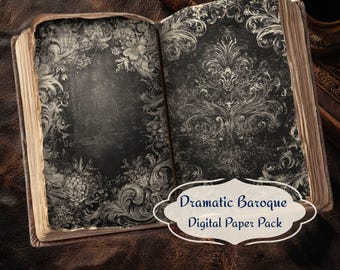 May include: An open antique book with distressed pages, featuring ornate black and white baroque floral and damask designs. The text "Dramatic Baroque Digital Paper Pack" is displayed on a white label. The book rests on a brown leather surface.