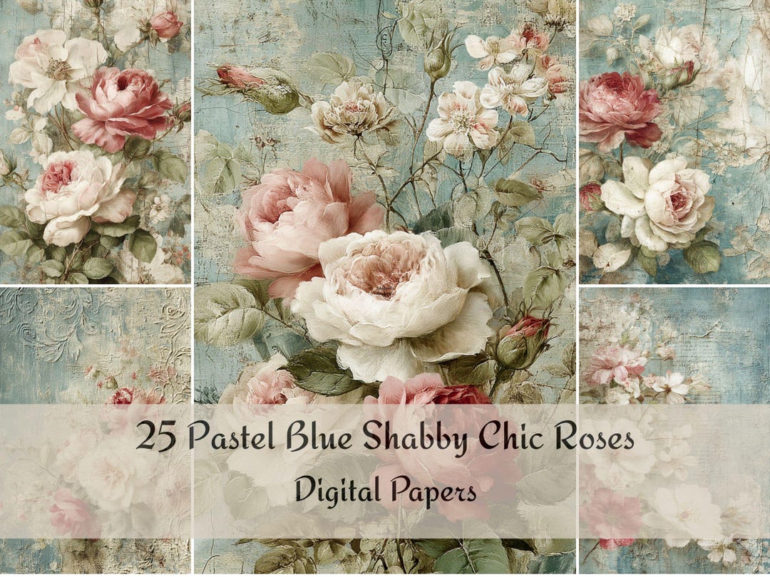 Pastel Blue Shabby Chic Roses Digital Paper, 25 Vintage Floral ...