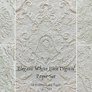 Könnte beinhalten: Ein digitales Papier-Set mit eleganten weißen Spitzenmustern. Das Bild zeigt Nahaufnahmen der Spitzendesigns mit komplizierten floralen und ornamentalen Details. Der Text lautet "Elegant White Lace Digital Paper Set" mit 18 A4-Seiten.