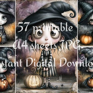 Creepy cute witch girl printable preview with glowing pumpkin, black dress, lantern, big eyes, stitched face details, and dark vintage background.