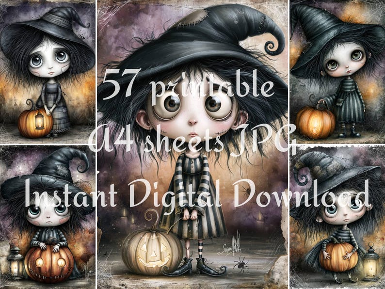 Creepy cute witch girl printable preview with glowing pumpkin, black dress, lantern, big eyes, stitched face details, and dark vintage background.
