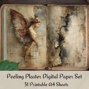 Juego de 31 hojas de papel digital con yeso descascarado, fachadas de edificios antiguos con ángeles, texturas de pared desgastadas, alas y fondo arquitectónico vintage.