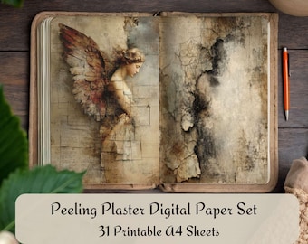 Peeling Plaster Digital Paper Set 31 Sheets Old Building Facades with Angels Distressed Wall Textures Wings Vintage Architectural Background