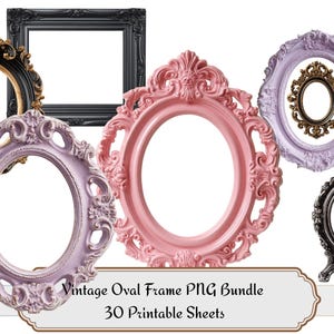 Può includere: Una collezione di cornici vintage ornate in varie forme e colori, tra cui nero, oro, rosa e lavanda. Le cornici sono ovali e rettangolari, con dettagli intricati. Il testo in basso recita "Vintage Oval Frame PNG Bundle 30 Printable Sheets".