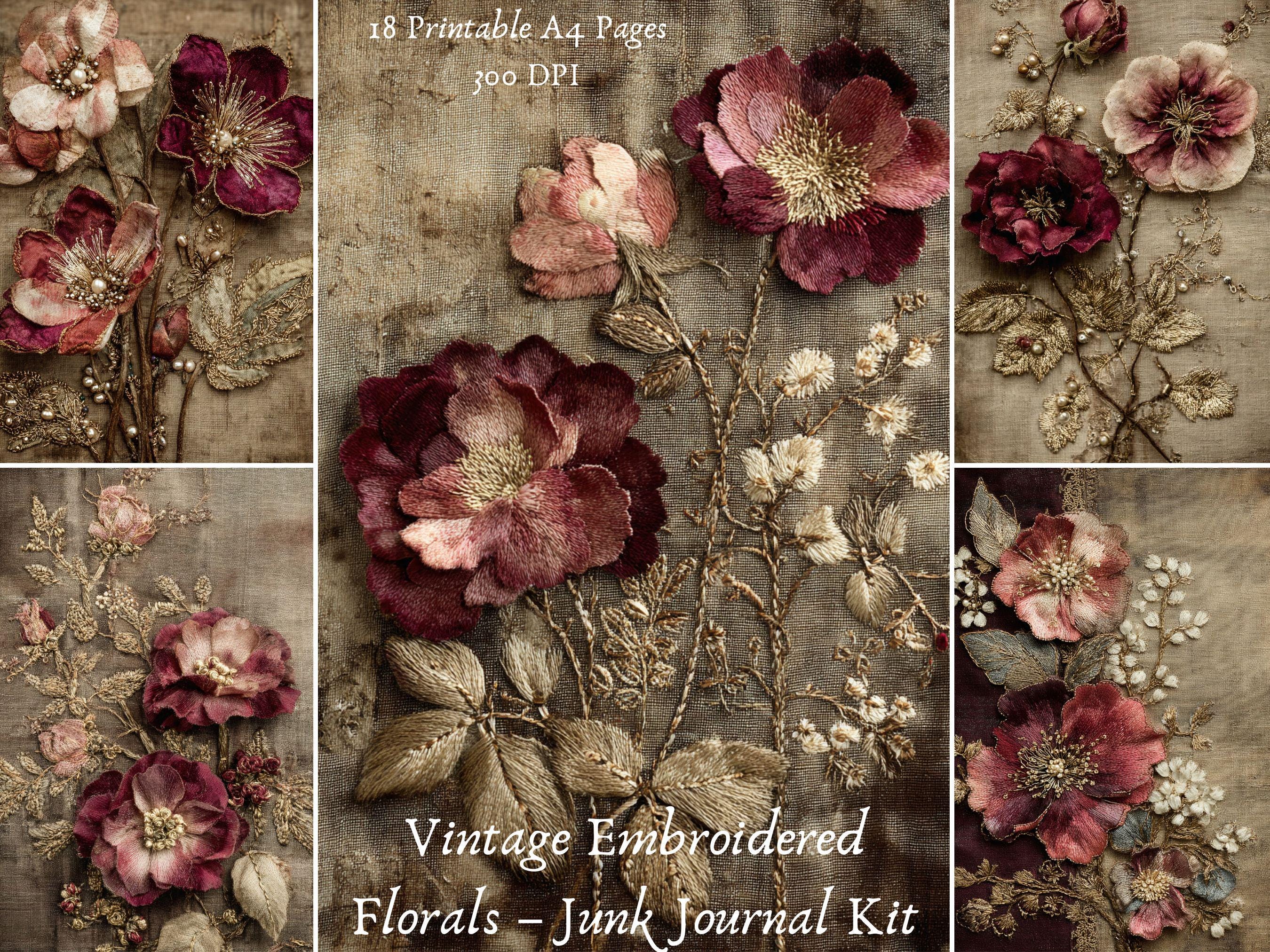 ジャンクジャーナル　ビンテージフラワー ヴィンテージ刺繍花柄 - ジャンクジャーナルキット、18ページ印刷可能