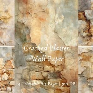 May include: Digital wallpaper featuring a distressed, aged wall with cracked plaster and exposed brick. The color palette includes beige, brown, and gray tones. Text reads "Cracked Plaster Wall Paper" and "14 Printable A4 Pages | 300 DPI".