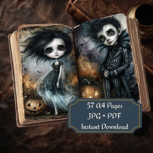 Gothic Halloween printable pages displayed in an open vintage book, featuring creepy cute stitched doll characters, dark fairy and vampire boy artwork, jack o lantern pumpkins, moody fantasy backgrounds, and 57 A4 JPG PDF instant download sheets for junk journals and scrapbooking.