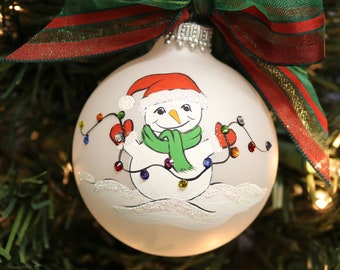 Snowman ornament, hand painted snowman personalized ornament, Custom ornament snowmen, Christmas lights ornament, holiday decoration