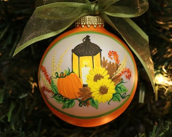 Hand-Painted Fall Harvest Ornament: Pumpkin, Lantern & Sunflowers