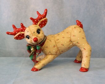 Rudolph, Hand Painted Ceramic Christmas Reindeer, Softy deer, Ceramic Stuffed Deer, Collectible Reindeer, Vintage deer, Ceramic Rudolph