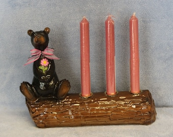 Bear Candle holder, black bear ceramic candle holder, decorative bear on a log, collectible bears, brown bear, three candle holder with bear