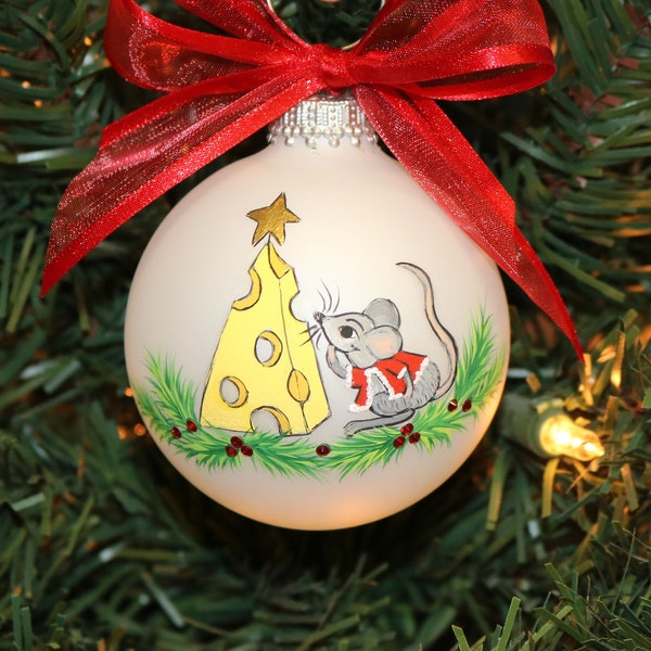 Hand Painted Mouse Christmas Ornament: Personalized Cheese Tree Holiday Decoration