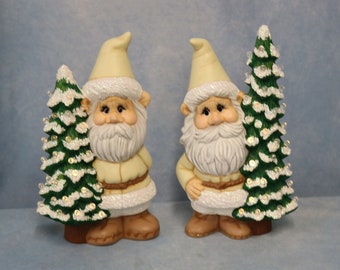 Winter Gnomes, Ceramic Gnomes, Handpainted Ceramic Gnome in Winter White, Ceramic Lighted Tree, Hand Painted Christmas Tree with Gnome