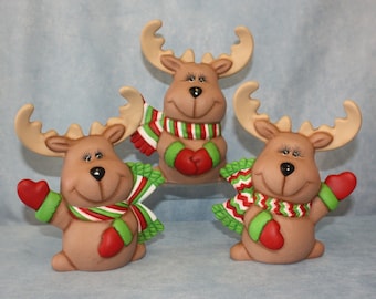 Merry Moose Trio, Hand Painted Ceramic Moose Deer, Christmas Moose, Holiday Moose Gift, Red Green White Scarf and Mittens, Keepsake Moose