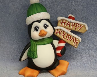 Holiday Penguin, Penguin holding Happy Holidays sign, Hand painted ceramic Penguin, Christmas Penguin with Green Hat and Scarf, Penguin Gift