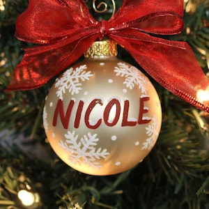 Snowflake Name Ornament, Champagne Name Ornament with Snowflakes, Custom Name Snowflake Ornament, Personalized Ornament Gift, Hand Painted