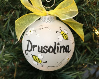 Honey Bee Personalized Name Ornament, hand-painted Name Ornament, Custom Designed Ornament, Made to Order Ornament, Keepsake Gift Ornament