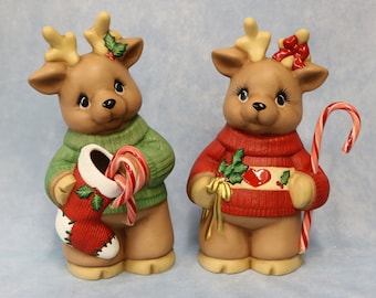 Candy Candy Deer,  Christmas Deer Candy Cane Holder, Holiday Moose Deer Set, Christmas Moose Deer, Ceramic deer couple, Candy Cane Deer set