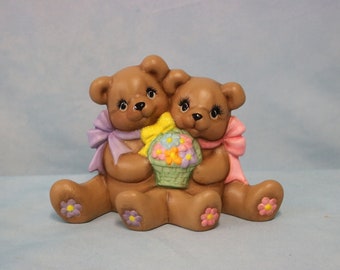 Spring Cuddle Bears, Collectible Bear Ceramic, Spring Home Decor, Bears with Flower Basket, Keepsake Bear Gift Idea, Decorative Bears