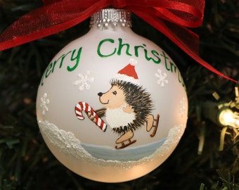 Ice Skating Hedgehog Ornament, Personalized Hedgehog Ornament, Custom Hedgehog Gift, Christmas Hedgehog ornament, OOAK Santa hedgehog