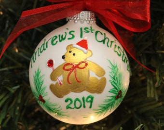 1st Christmas Bear Ornament, First Christmas ornament, Bear 1st Christmas Personalized Ornament, Child's Age Ornament, Bear Custom Ornament