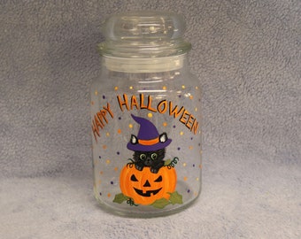 Barattolo di caramelle di Halloween dipinto a mano: gatto nero e zucca di Halloween