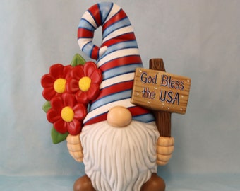 Patriotic Gnome, Gnome with God Bless the USA Sign, Gnome with Striped Hat, Gnome Holding Sign, Ceramic Gnome, 4th of July Gnome Decoration