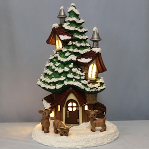 Holiday Treehouse Ceramic, Christmas Ceramic Light Up Tree House,  Ceramic Tree with Clear Lights, Holiday Home Decor, Miniature Reindeer
