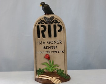 Hand Painted Ceramic Tombstone with Crow - Halloween Home Decor; RIP Sign