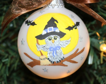 Owl Ornament, Halloween Ornament, moon and stars Ornament, owl witch bat ornament, hand painted ornament, Halloween decoration