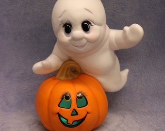 Sparkle Ghost & Jack O' Lantern Tea Light Holder: Hand-Painted Ceramic Halloween Decor