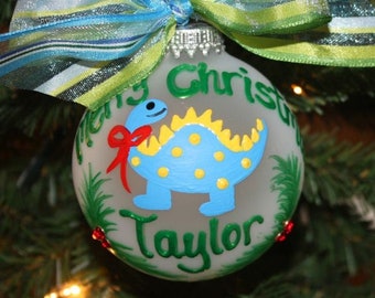 Personalized Blue Dinosaur Christmas Ornament: Hand-Painted Keepsake