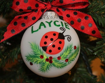 Ladybug Personalized Ornament, ladybug ornament, red and black ladybug, Handpainted ornament with black Swarovski rhinestones, ladybugs