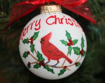 Christmas cardinal ornament, red cardinal bird ornament, cardinal with holly ornament, personalized ornament, cardinal gift