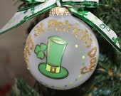 St Patricks Day Ornament Handpainted with a Leprechaun Hat and Shamrock