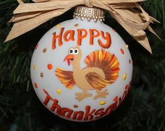 Colorful Turkey Ornament, Hand painted Glass Thanksgiving Ornament, turkey personalized ornament, fall decoration