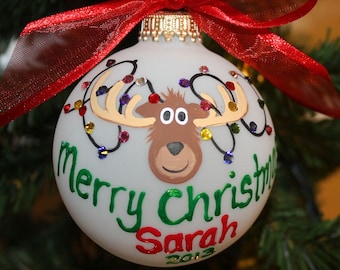 Christmas Moose Ornament, Moose with Christmas Lights ornament, Personalized and Made to Order ornament, Moose Christmas gift