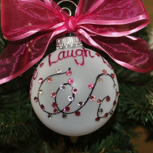 Breast Cancer Awareness Ornament, Hand painted Live Laugh Love ornament, breast cancer survivor gift, personalized pink lights ornament