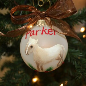 K&ouml;nnte beinhalten: Weihnachtskugel mit handgemaltem Pferd und dem Namen "Parker" in Rot. Verziert mit einem braunen Band, h&auml;ngt sie an einem Weihnachtsbaum und schafft eine festliche Atmosph&auml;re.