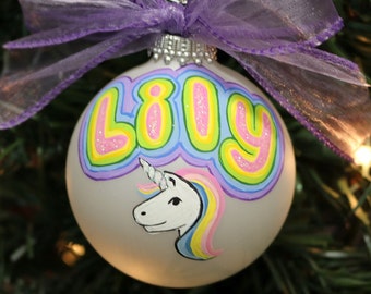 Rainbow Unicorn Ornament, Unicorn Name Ornament, Christmas Bulbs, Mystical Unicorn Ornament, Glass Personalized Ornament, Made to Order